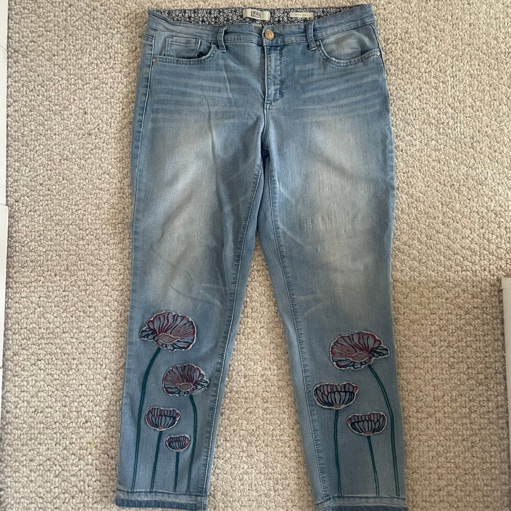 Vintage America Blues Bestie Jeans Sz 10 30 Colorful Floral Embroidery Boho